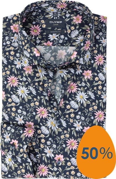 OLYMP modern fit overhemd - popeline - marine blauw dessin - Strijkvrij - Boordmaat: 44