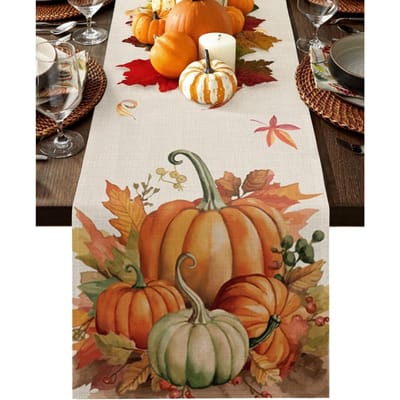 Herfstpompoen Esdoornblad Linnen Tafelkleden Seizoensgebonden Vallende Bladeren Commode Sjaal Tafeldecoratie Feestelijke Feesttafel Decoratie 150x33cm brown