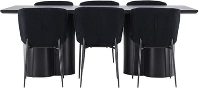 Olivia eethoek tafel 100x210cm en 6 teddy stoelen zwart.