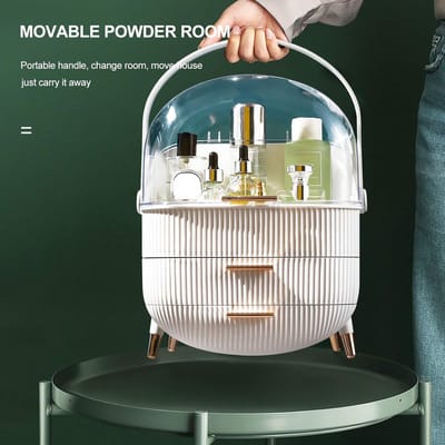 Draagbare Make-up Organizer met 2 Lades en Stofdicht Deksel - Cosmetische Box met Draaggreep