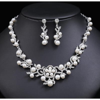 3-delige dames sieradenset, legering parels, strass steentjes, bloem kettingen, oorbellen, avondjurk accessoires Silver&45cm gray