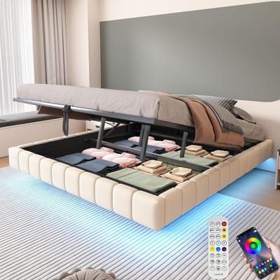 Tweepersoonsbed 180x200 Linnen Beige met Opbergruimte en LED Verlichting