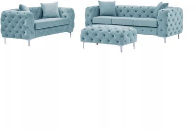 Vente-unique Drie- en tweezits-Chesterfield-bank en -poef van pastelblauw velours EDWINA