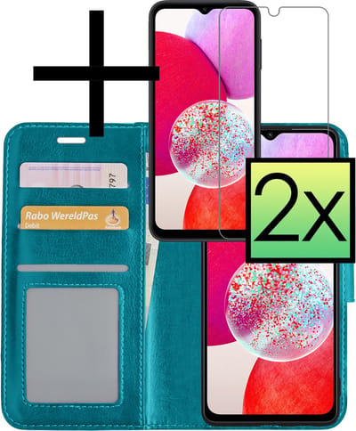 Hoesje - Met 2x Screenprotector - Geschikt voor Samsung Galaxy A14 - Luxe Pasjeshouder - Bookcase Portemonee - Flip Case - Kunstleer Book Case - Flipcase Hoes - Book Cover - Walletcase - Portemonneehoes - Turquoise