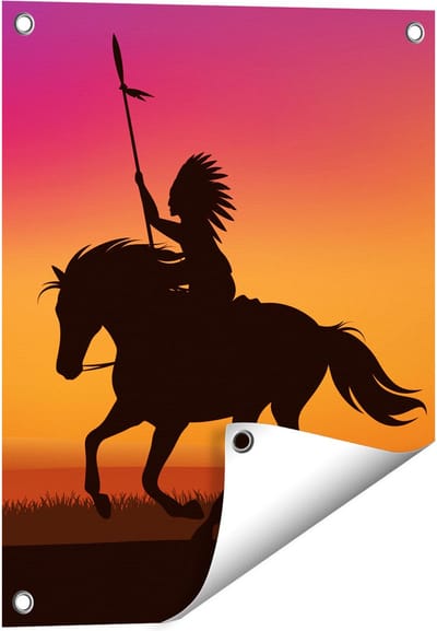 Gards Tuinposter Silhouet van een Indiaan op een Paard - 40x50 cm - Tuindoek - Tuindecoratie - Wanddecoratie buiten - Tuinschilderij