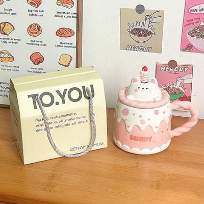 Keramische Mok met Deksel Cartoon Verjaardagscadeau Kop voor Vrouwen Kantoor Koffiekop Huishoudelijke Waterbeker Creatieve Geschenkdoos 301-400ml