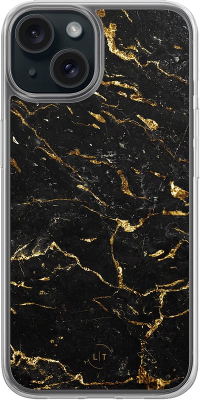Hoesje geschikt voor iPhone 15 - Marmer zwart goud - 2in1 backcover - Marmer - Zwart, Goud - Leuke Telefoonhoesjes
