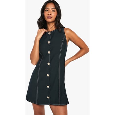 boohoo Dames Petite Gouden Knop Getailleerde Mouwloze A-Lijn Mini-Jurk | Navy | Maat: 6