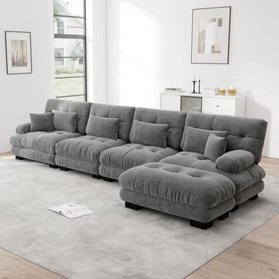 Wishdor - Modulaire Bank - Verplaatsbare Ottomans En Diepe Zitting - Vintage - Woonkamer - Chenille - Grijs