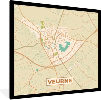 Fotolijst incl. Poster - Plattegrond - Kaart - Stadskaart - België - Veurne - 40x40 cm - Posterlijst