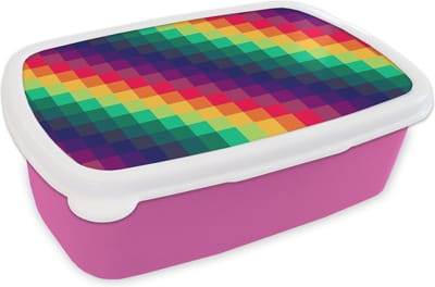 Broodtrommel Roze - Lunchbox - Brooddoos - Regenboog - Patronen - Pixel - 18x12x6 cm - Kinderen - Meisje