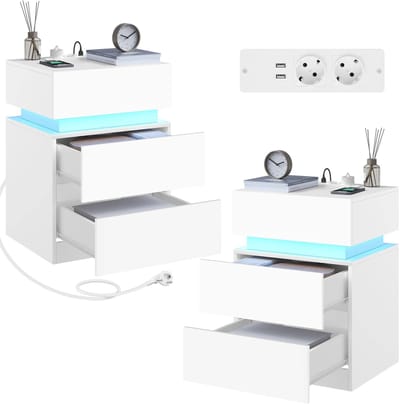 Cventrix Nachtkast- Set van 2 Nachtkastjes - Nachtkastje - Bijzettafel - 2 lades - USB aansluiting - led verlichting - Wit