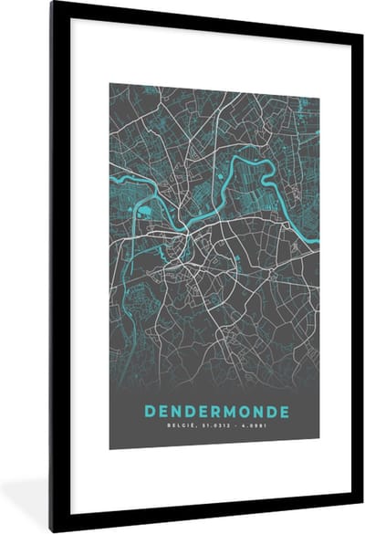 Fotolijst incl. Poster - Stadskaart – Grijs - Kaart – Dendermonde – België – Plattegrond - 60x90 cm - Posterlijst