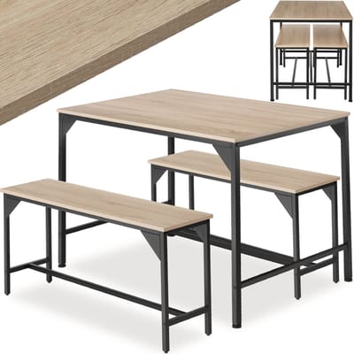 tectake® Zitgroep 3-delig - Eetgroep voor 4 personen - Eettafel met 2 banken - Industrieel design - Zwart metalen frame - Draagkracht tafel 100 kg bank 200 kg - Afmeting (LxBxH) tafel 110 x 70 x 75 cm bank 97 x 30 x 50 cm - Lichtbruin