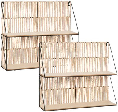 Atmosphera Wandplankje Tatra 2 laags - 2x - zwart/beige - metaal/hout/papier - 48 x 12 x 40 cm - muur planken