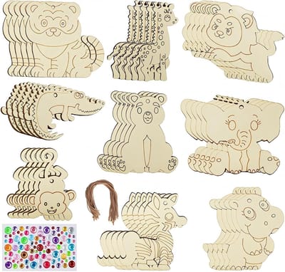 45 Stuks Houten Dieren voor Schilderen met Gaten - Creatieve Knutselset voor Kinderen, Verjaardagsdecoratie en DIY Schilderprojecten
