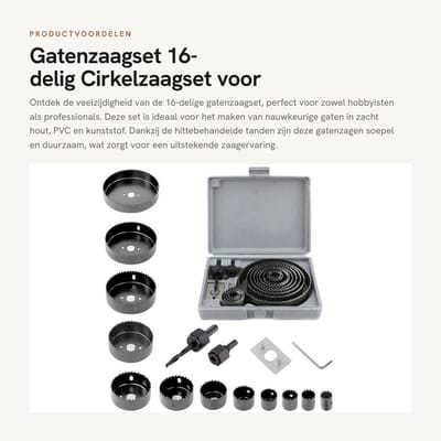 Dailygoods - Gatenzaagset 16-delig - Cirkelzaagset voor hout en kunststof - Precisieboringen in platenmateriaal - Geschikt voor hobbyisten en professi...