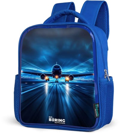 NoBoringSuitcases.com® - Rugzak blauw - Schooltas jongens - Vliegtuig opstartend in futuristisch nachtlandschap - Kinder rugtas jongen - Boekentas kind - Kinderrugzak voor school - Schoolrugzak