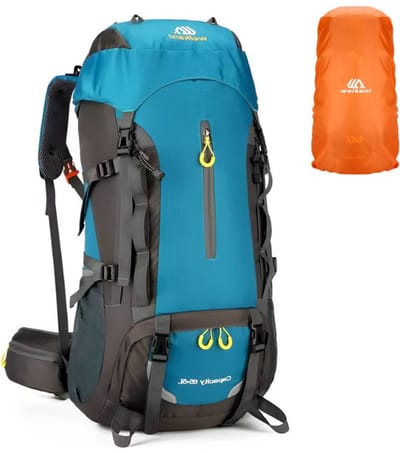 CarryQuest® - 70L Bergbeklimming Rugzak - Waterdichte Nylon Hiking Backpack met Regenhoes, Rugventilatie, Verstelbare Schouderbanden & Outdoor Camping Reistas - 35x26x69 cm - Blauw