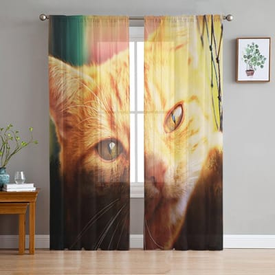 Schattige Kat Geel Net Moderne Bedrukte Tule Gordijnen voor Slaapkamer Balkon Raamdecoratie Creatieve Mode Huis Transparant Gordijn 135W x 114H(cm) beige