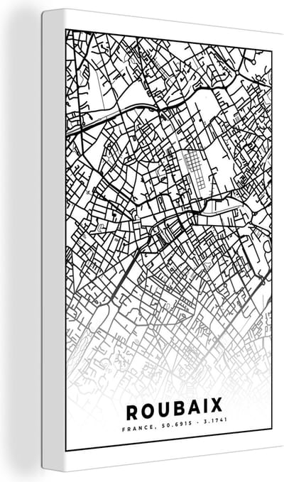 Canvas Schilderij Kaart - Roubaix - Stadskaart - Frankrijk - Plattegrond - Zwart wit - 20x30 cm - Wanddecoratie