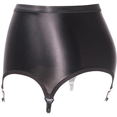 Dames Vintage Zwarte Jarretelgordel Voor Kousen Sexy Elastische Lingerie Olieachtig Glanzende Jarretel Nachtclub Metalen Clips Minirok One Size black