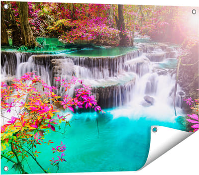 Gards Tuinposter Waterval in de Herfst met Kleurrijke Bloemen - 80x60 cm - Tuindoek - Tuindecoratie - Wanddecoratie buiten - Tuinschilderij