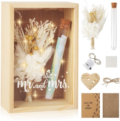Dailygoods- Huwelijkscadeau - Houten Kist - Gedroogde Bloemen - Feeënlichten - Proefslangen - Kaarten - 1 Stuks - Cadeau