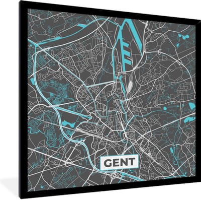 Fotolijst incl. Poster - België – Gent – Stadskaart – Kaart – Blauw – Plattegrond - 40x40 cm - Posterlijst