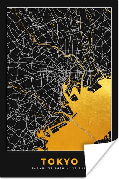 Poster Tokyo - Stadskaart - Goud - Plattegrond - Kaart - 120x180 cm XXL