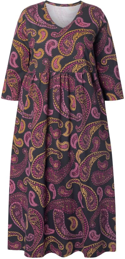 Ulla Popken - Dames - Jersey maxi-jurk A-lijn V-hals 3/4-mouwen - Zwart - Maat 46+