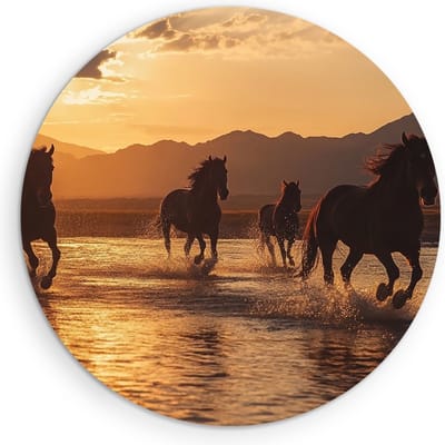 Saammp Muurcirkel Hout - Groep paarden tijdens golden hour - Dieren - Natuur - Ø 90 - Wandcirkel - Wanddecoratie Cirkel - muurdecoratie Woonkamer - Slaapkamer decoratie - Rond Schilderij