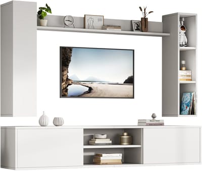 Merax TV-meubelset met Vitrinekast – Woonwand 4-delig - TV-kast 180 cm - Wandkast en Wandplanken - TV-meubel voor TV tot 80 inch - Wit