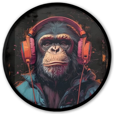 Poster in lijst Rond - Fotolijst 40x40 cm - Posters - Graffiti - Chimpansee - Koptelefoon - Aap - Ronde posterlijst zwart - Decoratie - Wanddecoratie woonkamer - Muurdecoratie slaapkamer