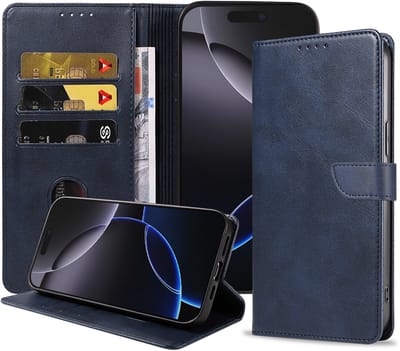 Geschikt voor iPhone 16 Pro Telefoonhoesje Kunstleer met Magnetisch lipje en Pasjeshouder Book Case met Klepje - Blauw - Smartphonica geschikt voor iPhone 16 Pro