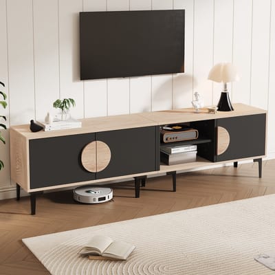 PHOEBE CAT TV-kast - Walnootafwerking - Verstelbare planken - Geschikt voor TV's van 80 inch - Zwart + Natuurlijke