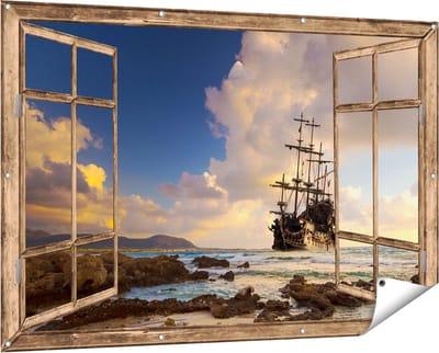 Gards Tuinposter Doorkijk Piratenschip aan de Kust bij Zonsondergang - 150x100 cm - Tuindoek - Tuindecoratie - Wanddecoratie buiten - Tuinschilderij