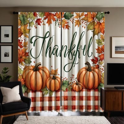 2 pièces HD Automne Action de Grâce Citrouille Récolte Feuille d'érable rideau décoratif Rouge attache rideau imprimé numériquement Décoration de la maison sty W52H63inchW132H160cm white