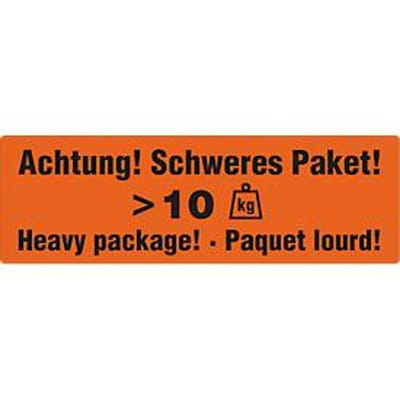 Waarschuwingsetiketten "Attentie! Zwaar pakket >10 KG", 3 talen, 148 x 48 mm, geperforeerd, zelfklevend papier, fluorescerend rood met zwarte opdruk, 1 rol met 500 stuks