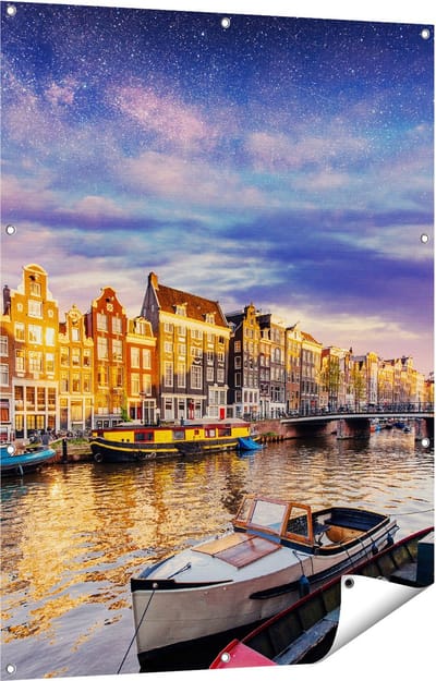 Gards Tuinposter Amsterdamse Gracht in de Nacht met Sterren - 90x120 cm - Tuindoek - Tuindecoratie - Wanddecoratie buiten - Tuinschilderij