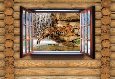 Fotobehang View Cottage Tiger Nature Water | XL - 208cm x 146cm | 130g/m2 Vlies