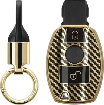 kwmobile autosleutel hoesje met sleutelring - geschikt voor Mercedes Benz 2-knops autosleutel (alleen Keyless Go) hoesje - Sleutel case met sleutelhanger - Metallic Carbon design in goud / zwart