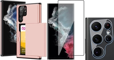 Hoesje met Pasjeshouder geschikt voor Samsung Galaxy S23 Ultra - Screenprotector GlassGuard & Camera Lens Screen Protector - Back Cover SlideCase Roségoud