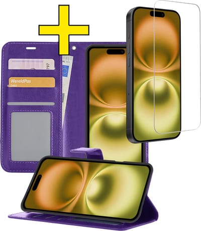 Hoesje - Met Screenprotector - Geschikt voor Apple iPhone 16 - Luxe Pasjeshouder - Bookcase Portemonee - Flip Case - Kunstleer Book Case - Flipcase - Book Cover - Walletcase - Portemonneehoes - Telefoonhoesjes - Paars