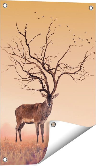 Gards Tuinposter Hert met een Bomen Gewei - 40x60 cm - Tuindoek - Tuindecoratie - Wanddecoratie buiten - Tuinschilderij