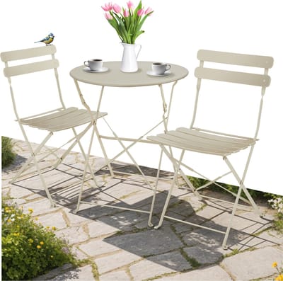 tectake® - Inklapbare bistroset voor 2 personen met stalen frame, tafel en tuinstoelen - Voor balkon en terras - Buitenset - Tuinset - Klaptafel en klapstoelen - elegant design - creme