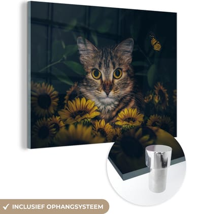MuchoWow® Glasschilderij 120x90 cm - Schilderij acrylglas - Kat - Geel - Bloemen - Botanisch - Foto op glas - Schilderijen