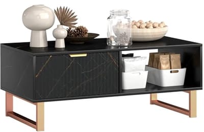 Moderne salontafel met opbergruimte en marmerlook - tafel met lade en 2 open planken, zwart