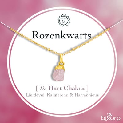 Bixorp Rozenkwarts Chakra Ketting - Goud Vergulden Roestvrij Staal - Ruwe Edelsteen Hanger - 36cm + 8cm verstelbaar