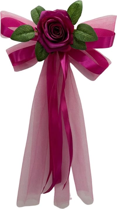 autodeco.nl SIA FUCHSIA Handvatten Decoratie 4 stuks - Trouwauto Versiering - Fuchsia Rozen met Linten en Tule - Bloemen voor op de Handvatten - Versiering Handvat Auto - Autoversiering voor Volgauto's
